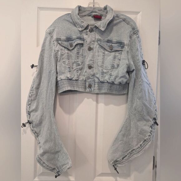 Smoke Rise Cropped Denim Jean Short Bungee Jacket Stretch Blue Size L Streetwear - Picture 3 of 11
